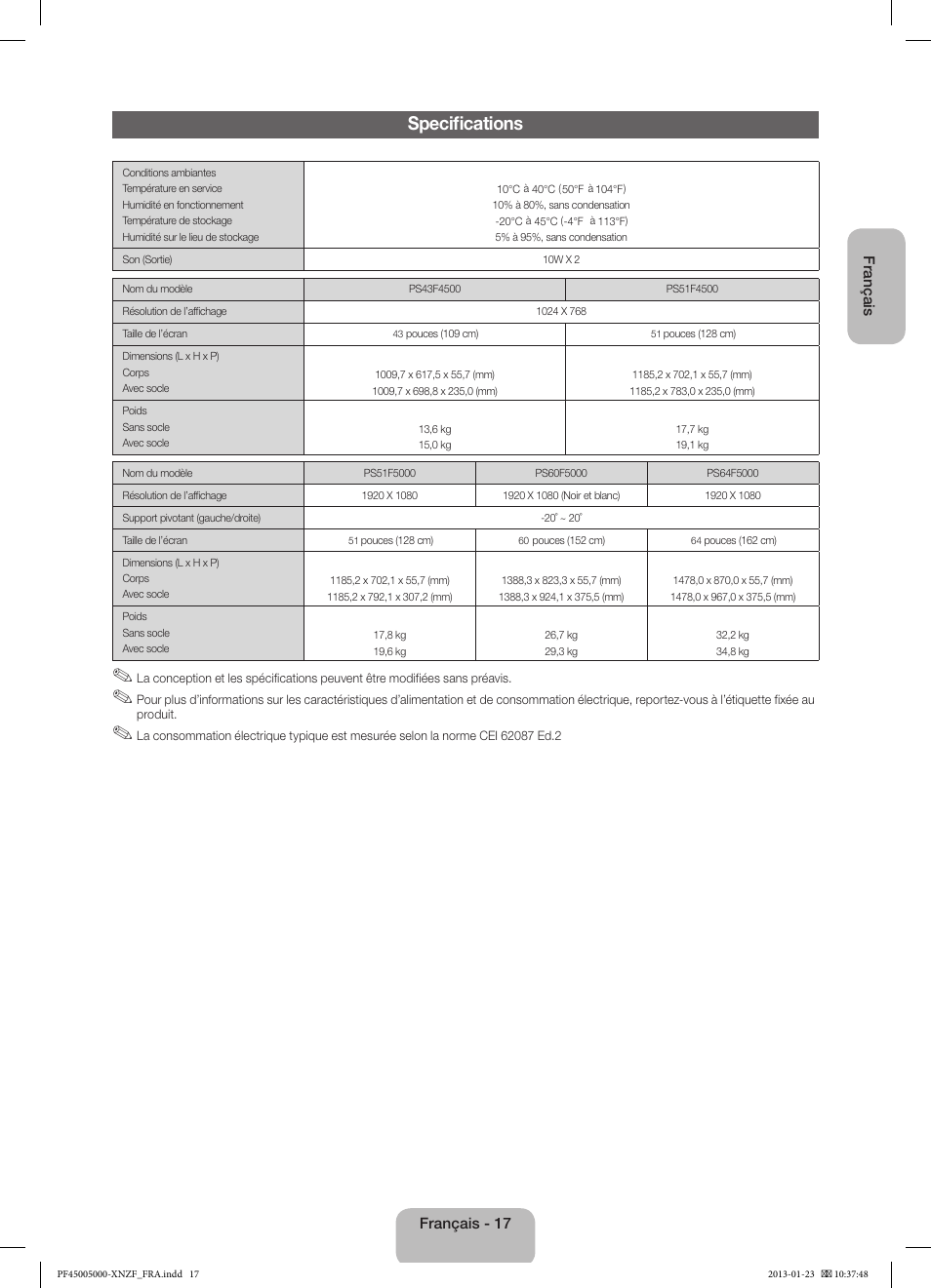 Specifications | Samsung PS51F5000AW User Manual | Page 35 / 73
