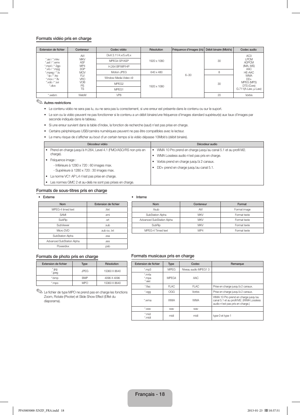 Français - 18 | Samsung PS51F5000AW User Manual | Page 36 / 73