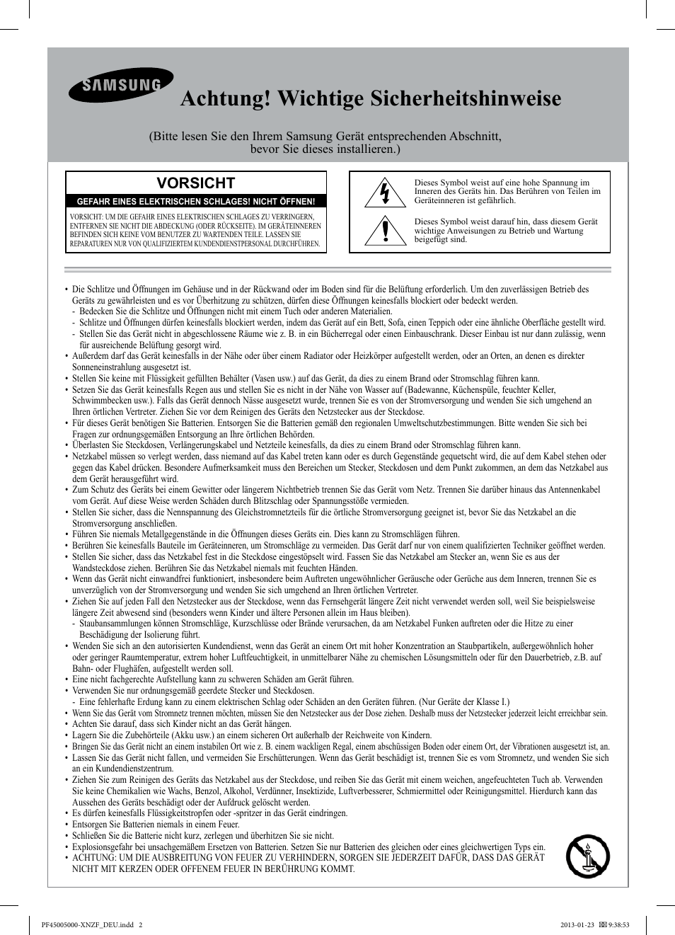 Achtung! wichtige sicherheitshinweise, Vorsicht | Samsung PS51F5000AW User Manual | Page 38 / 73