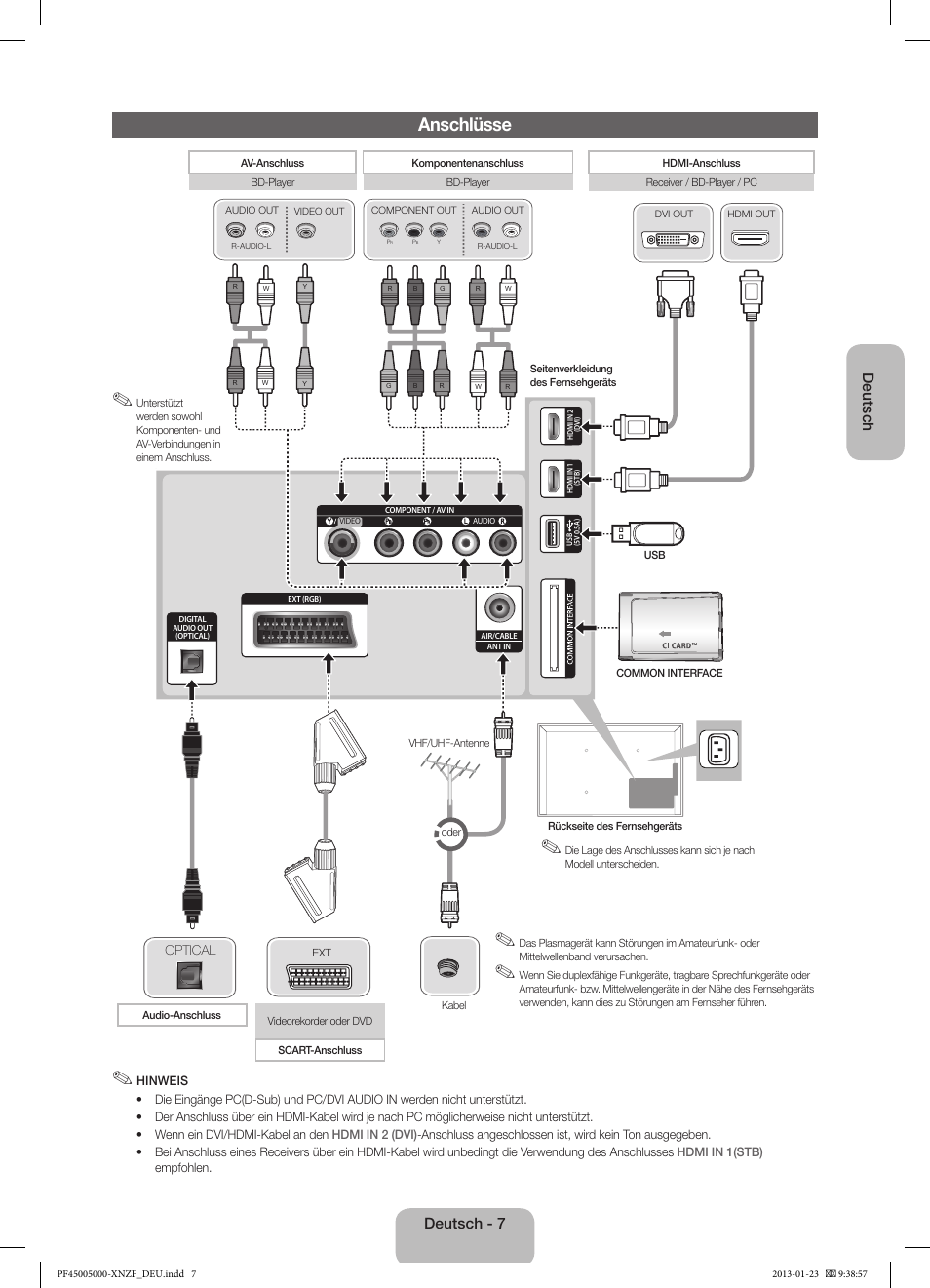 Anschlüsse, Deutsch, Deutsch - 7 | Samsung PS51F5000AW User Manual | Page 43 / 73