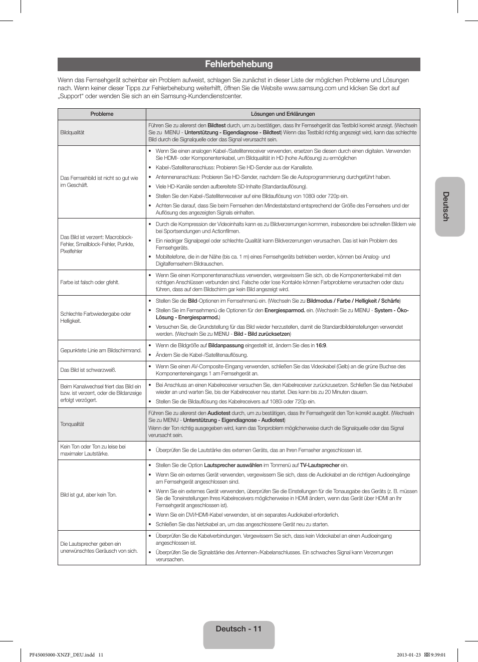 Fehlerbehebung, Deutsch, Deutsch - 11 | Samsung PS51F5000AW User Manual | Page 47 / 73