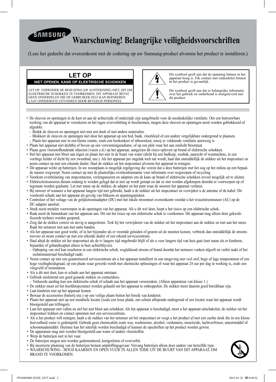 Waarschuwing! belangrijke veiligheidsvoorschriften, Let op | Samsung PS51F5000AW User Manual | Page 56 / 73