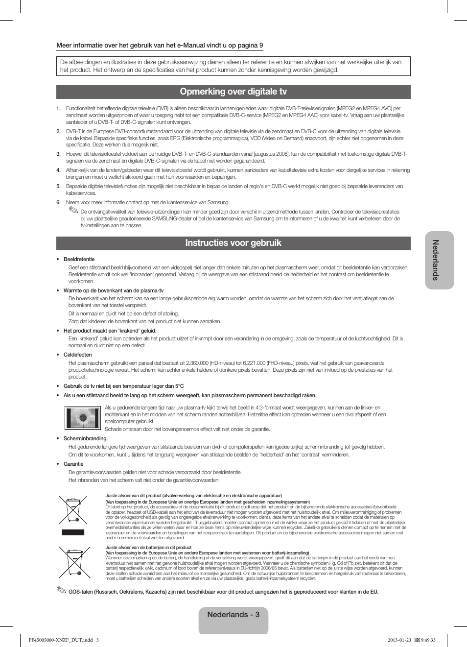 Opmerking over digitale tv, Instructies voor gebruik | Samsung PS51F5000AW User Manual | Page 57 / 73