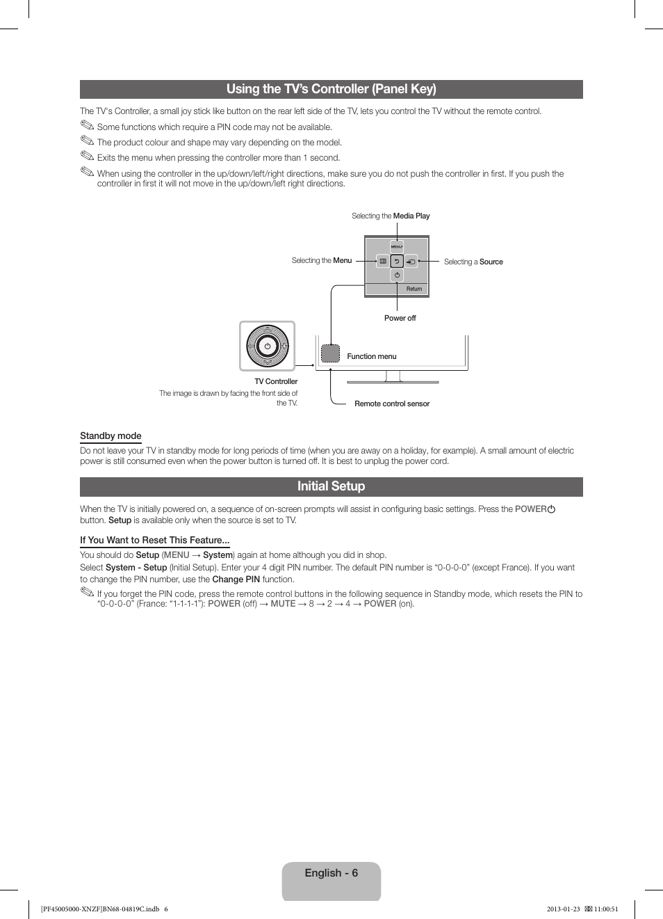 Using the tv’s controller (panel key), Initial setup | Samsung PS51F5000AW User Manual | Page 6 / 73