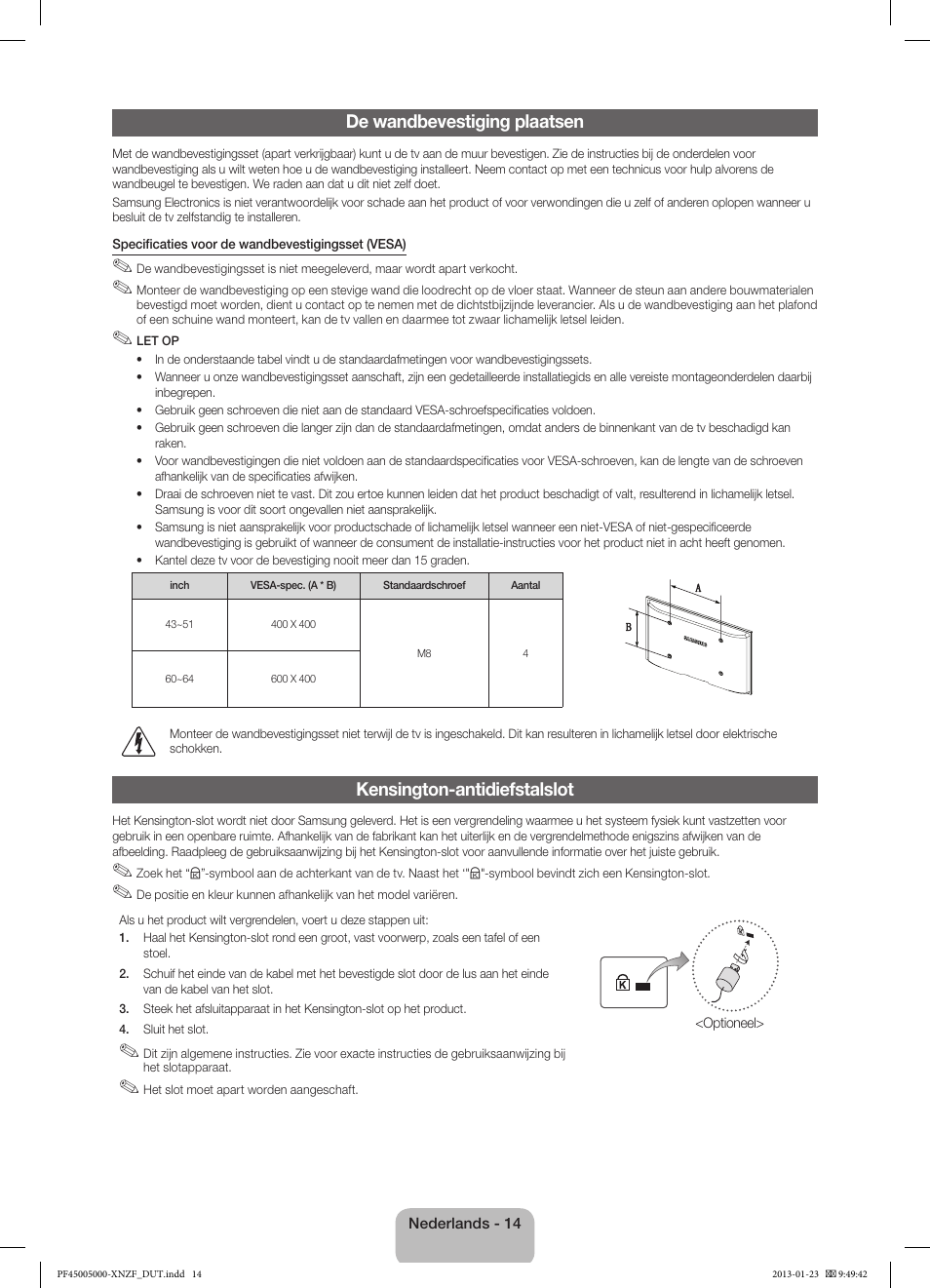 De wandbevestiging plaatsen, Kensington-antidiefstalslot | Samsung PS51F5000AW User Manual | Page 68 / 73