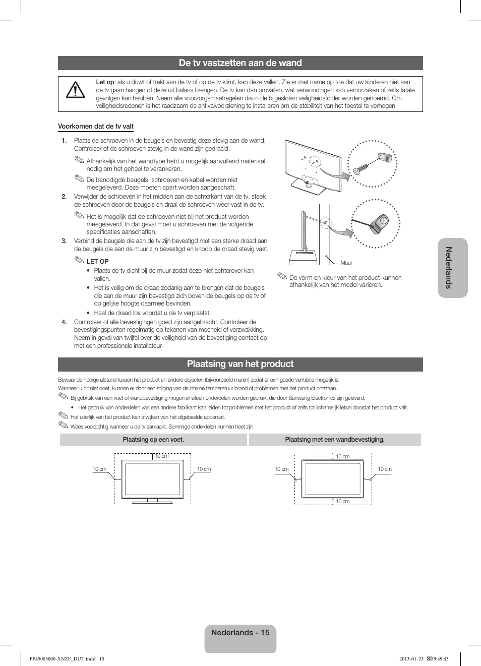 De tv vastzetten aan de wand, Plaatsing van het product | Samsung PS51F5000AW User Manual | Page 69 / 73