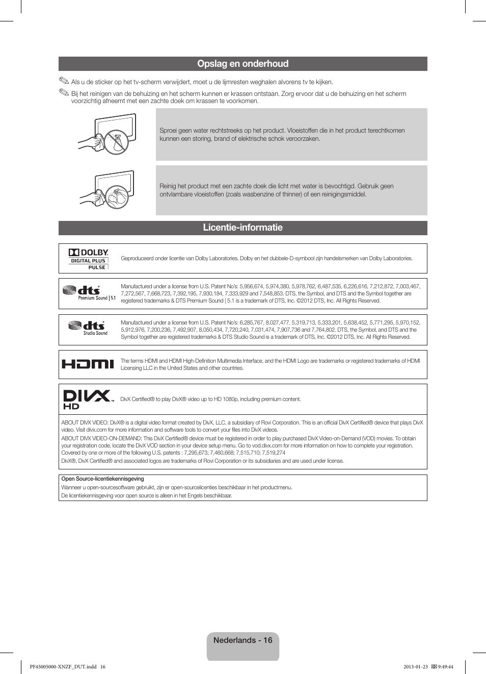 Opslag en onderhoud, Licentie-informatie | Samsung PS51F5000AW User Manual | Page 70 / 73