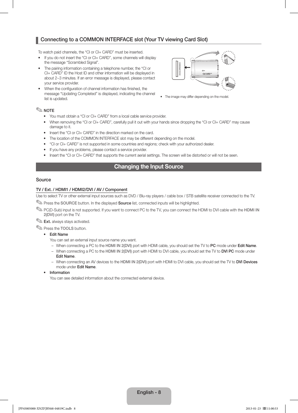 Changing the input source | Samsung PS51F5000AW User Manual | Page 8 / 73