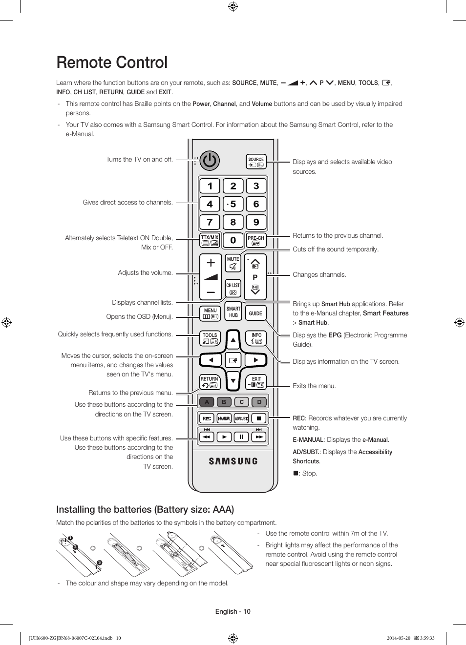 Remote control, Installing the batteries (battery size: aaa) | Samsung UE40H6740SV User Manual | Page 10 / 89