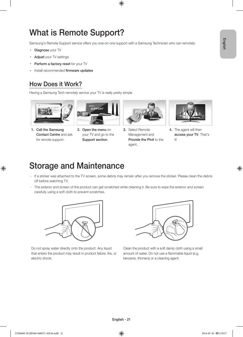 What is remote support, Storage and maintenance, How does it work | Samsung UE40H6740SV User Manual | Page 21 / 89