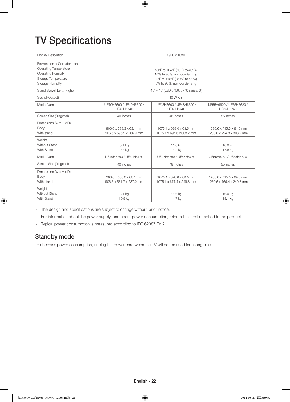 Tv specifications, Standby mode | Samsung UE40H6740SV User Manual | Page 22 / 89