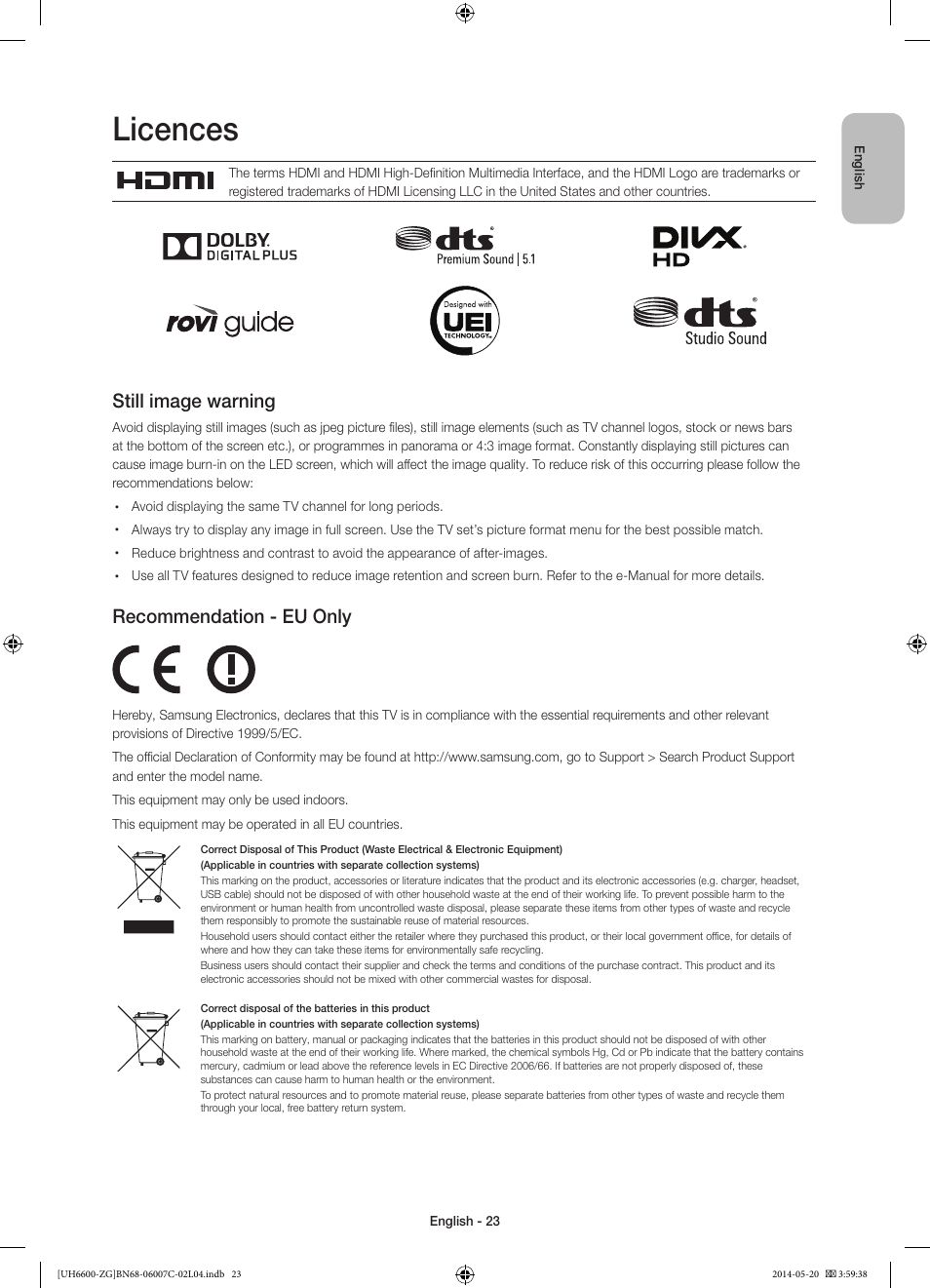 Licences, Still image warning, Recommendation - eu only | Samsung UE40H6740SV User Manual | Page 23 / 89