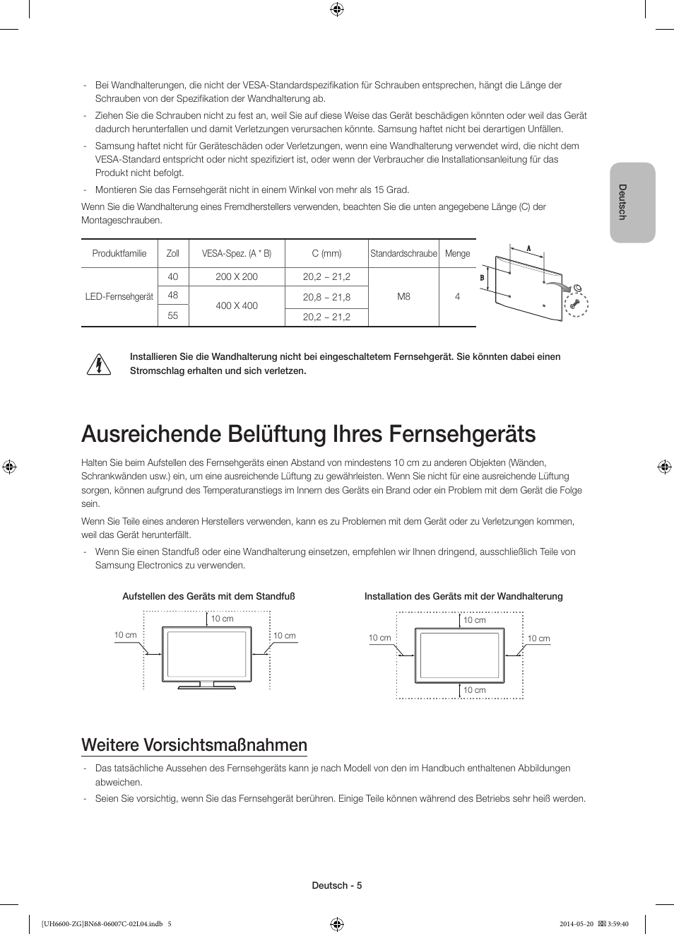 Ausreichende belüftung ihres fernsehgeräts, Weitere vorsichtsmaßnahmen | Samsung UE40H6740SV User Manual | Page 27 / 89