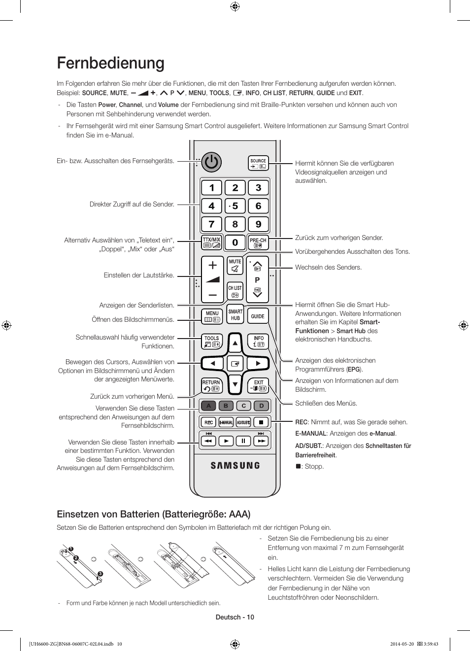 Fernbedienung, Einsetzen von batterien (batteriegröße: aaa) | Samsung UE40H6740SV User Manual | Page 32 / 89