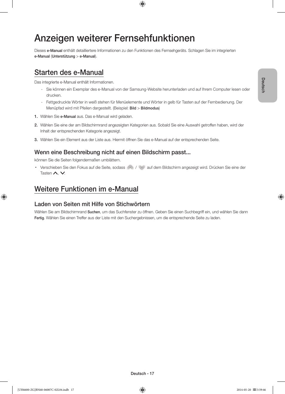 Anzeigen weiterer fernsehfunktionen, Starten des e-manual, Weitere funktionen im e-manual | Laden von seiten mit hilfe von stichwörtern | Samsung UE40H6740SV User Manual | Page 39 / 89