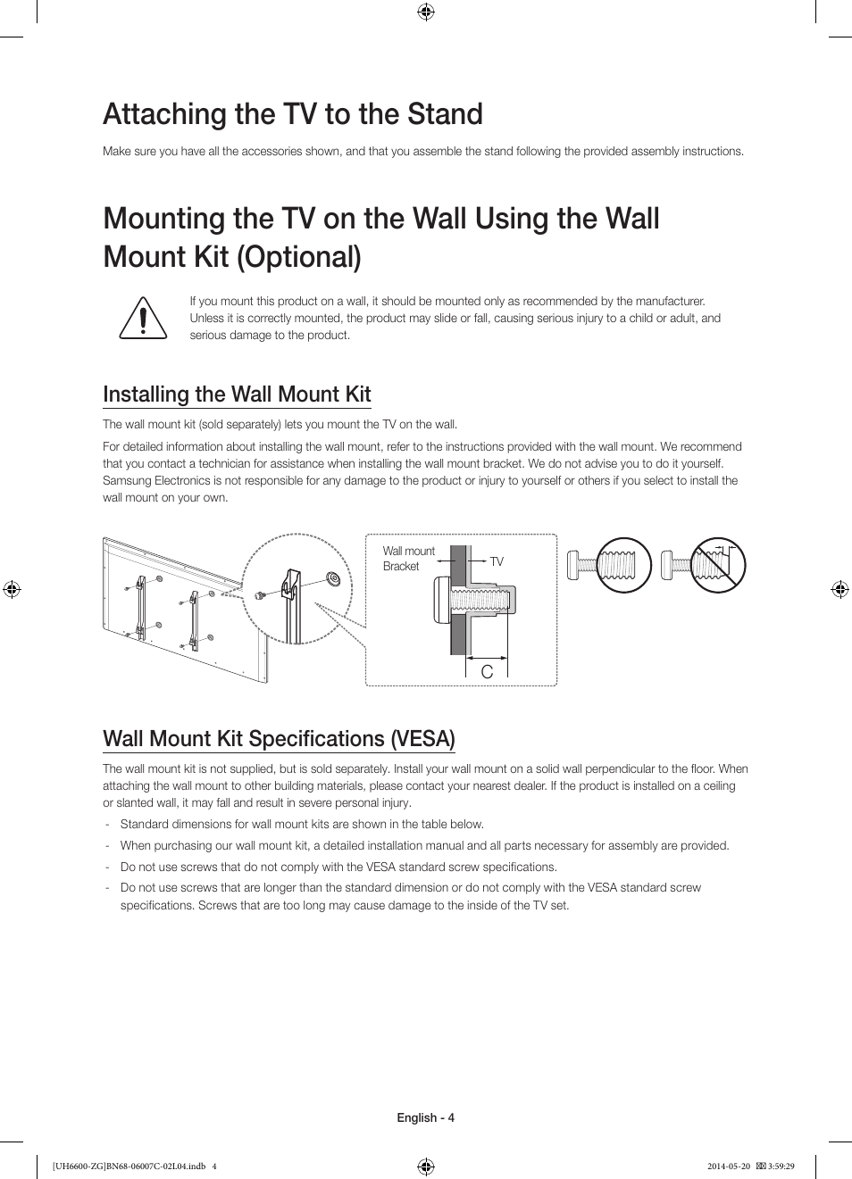 Attaching the tv to the stand, Installing the wall mount kit, Wall mount kit specifications (vesa) | Samsung UE40H6740SV User Manual | Page 4 / 89