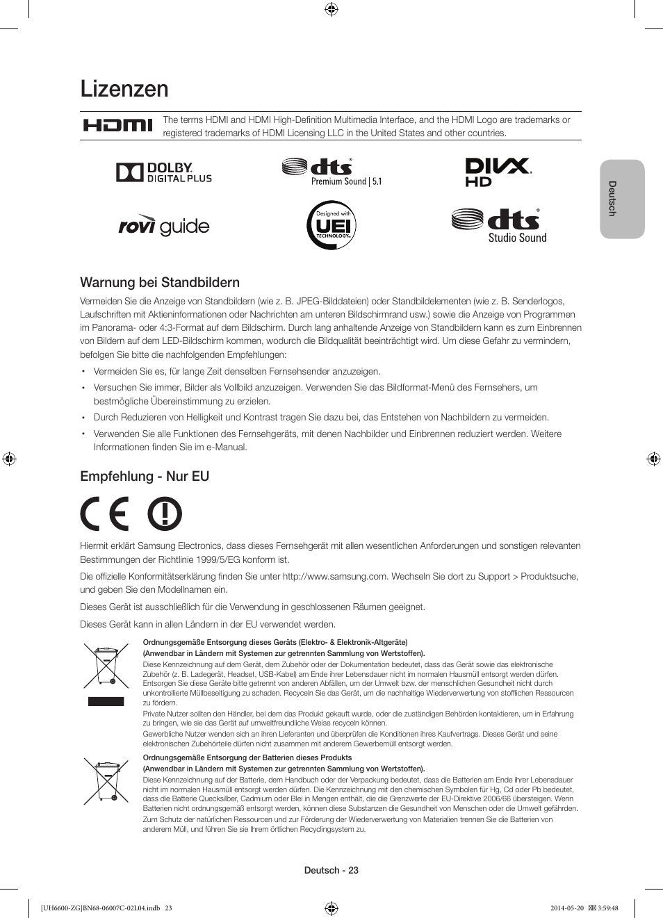 Lizenzen, Warnung bei standbildern, Empfehlung - nur eu | Samsung UE40H6740SV User Manual | Page 45 / 89