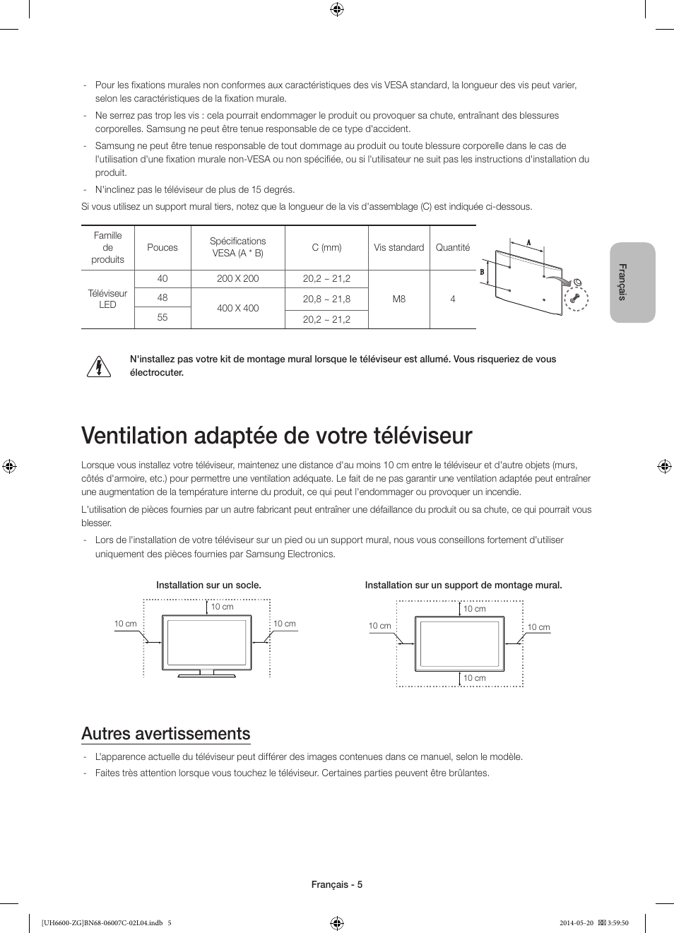 Ventilation adaptée de votre téléviseur, Autres avertissements | Samsung UE40H6740SV User Manual | Page 49 / 89