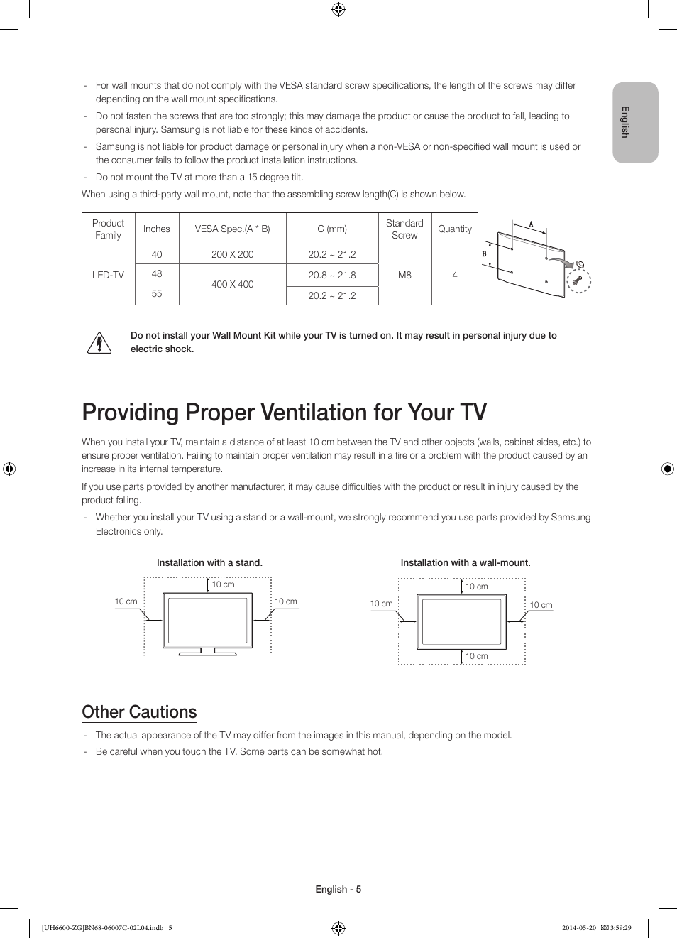 Providing proper ventilation for your tv, Other cautions | Samsung UE40H6740SV User Manual | Page 5 / 89
