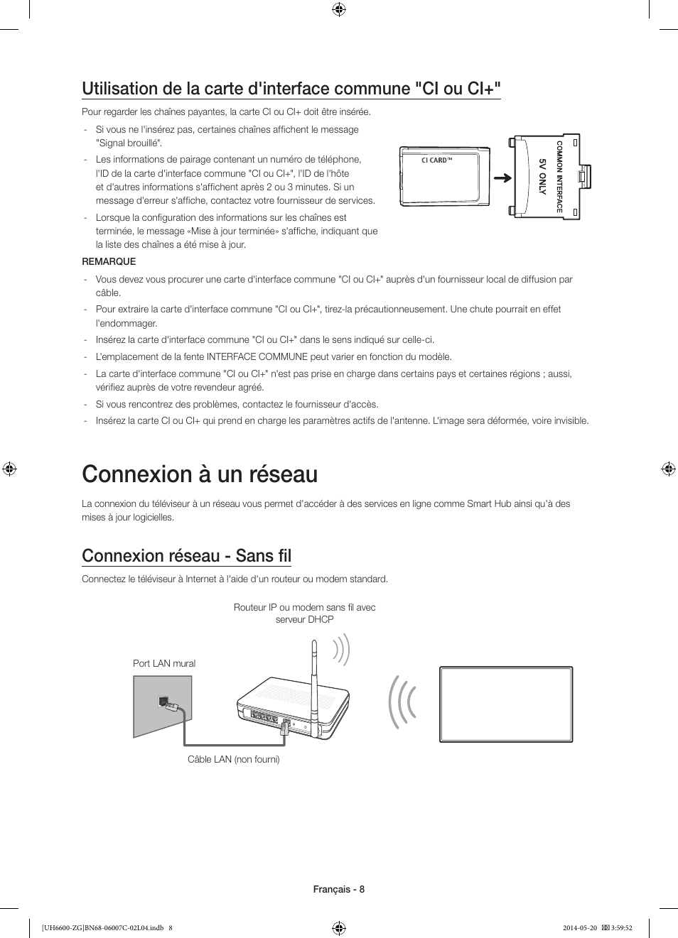 Connexion à un réseau, Connexion réseau - sans fil | Samsung UE40H6740SV User Manual | Page 52 / 89