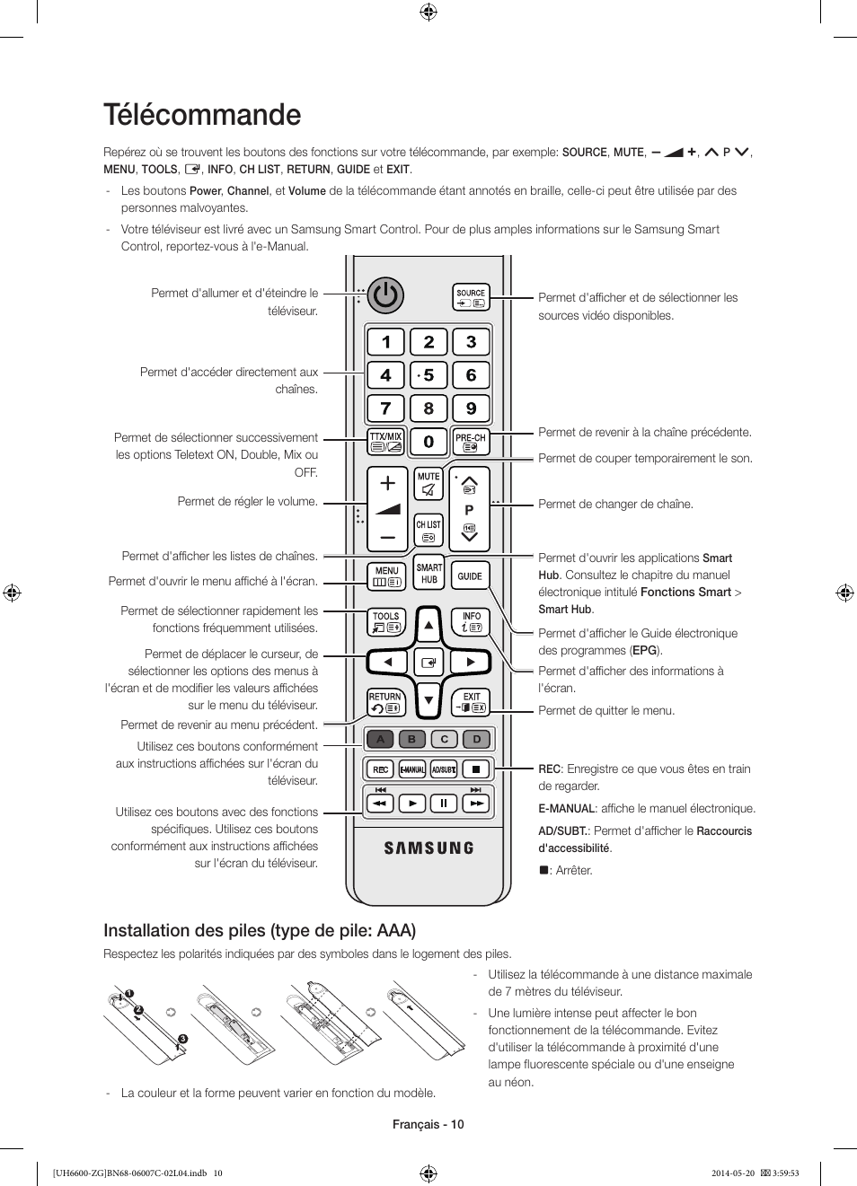Télécommande, Installation des piles (type de pile: aaa) | Samsung UE40H6740SV User Manual | Page 54 / 89