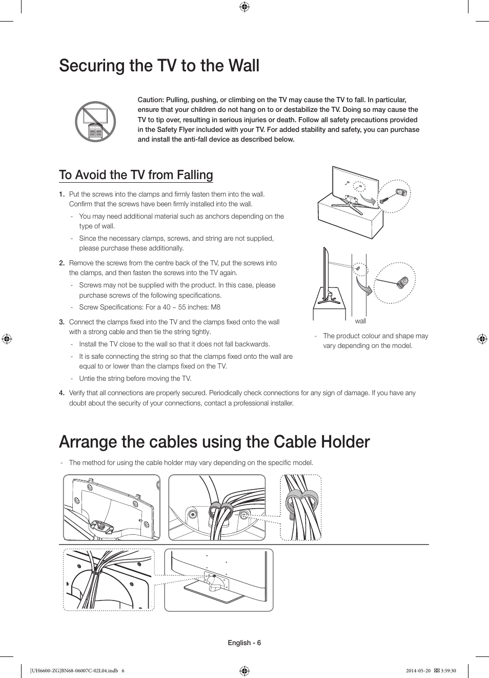 Securing the tv to the wall, Arrange the cables using the cable holder | Samsung UE40H6740SV User Manual | Page 6 / 89