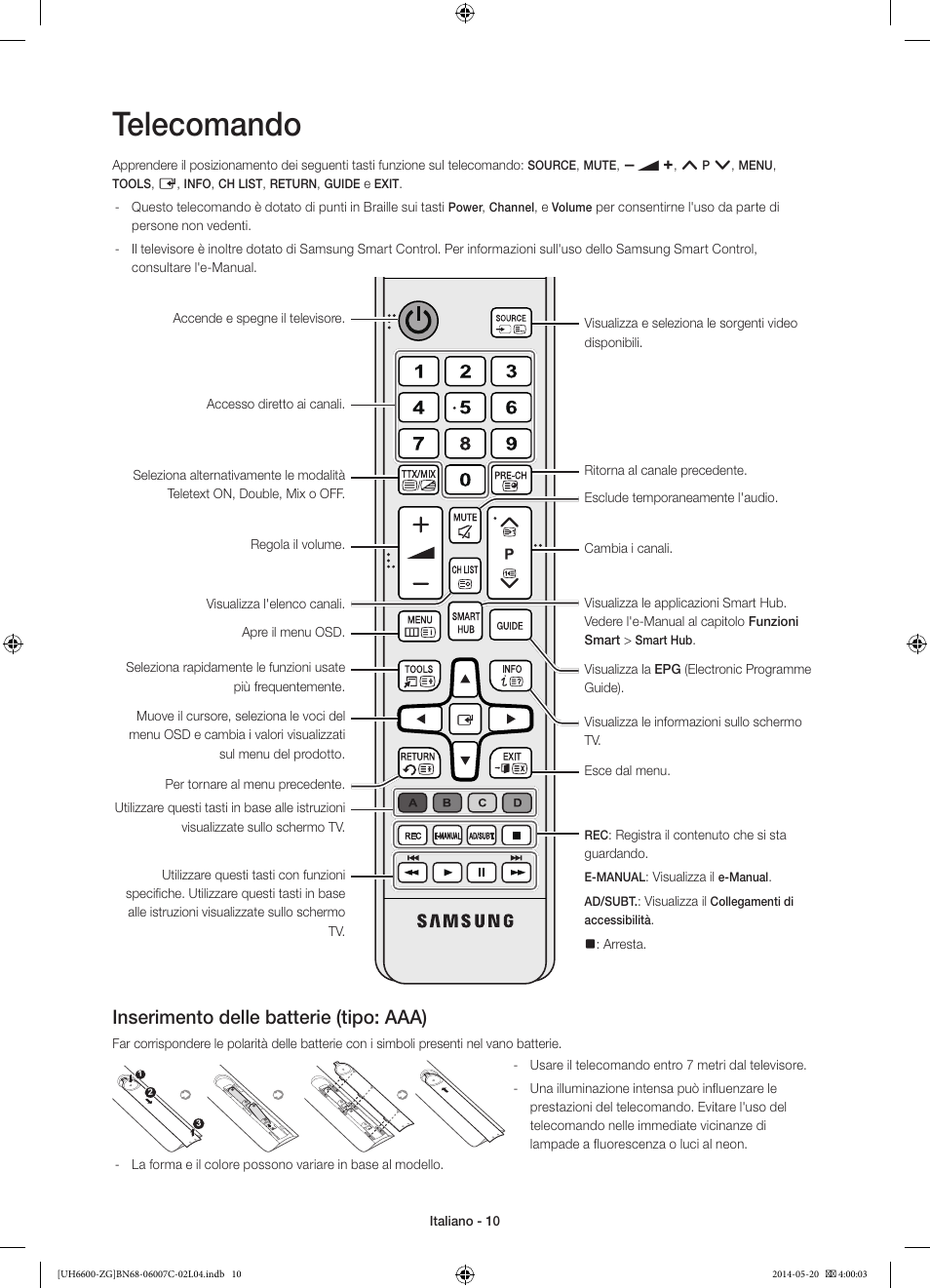 Telecomando, Inserimento delle batterie (tipo: aaa) | Samsung UE40H6740SV User Manual | Page 76 / 89