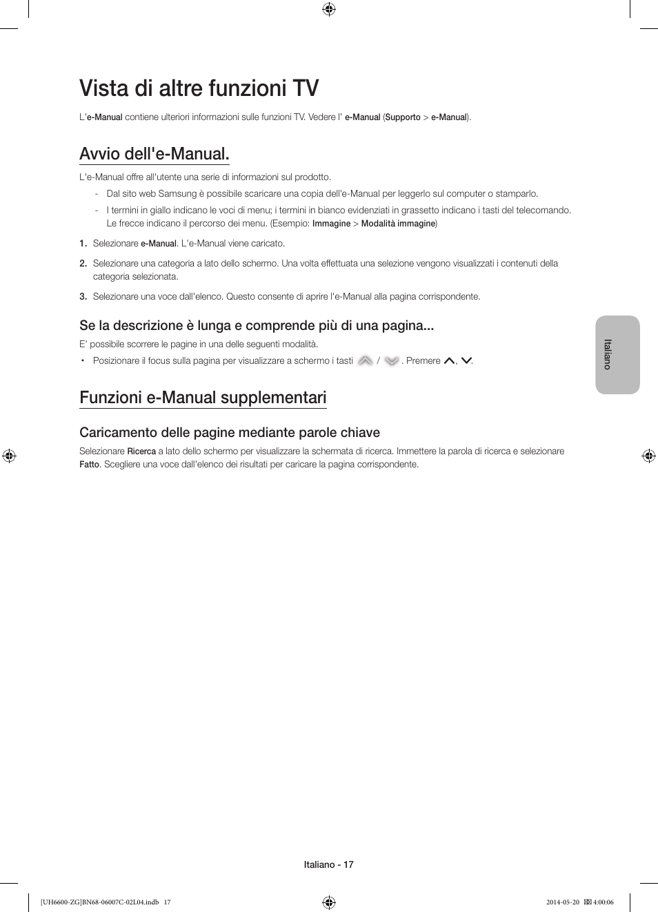 Vista di altre funzioni tv, Avvio dell'e-manual, Funzioni e-manual supplementari | Caricamento delle pagine mediante parole chiave | Samsung UE40H6740SV User Manual | Page 83 / 89