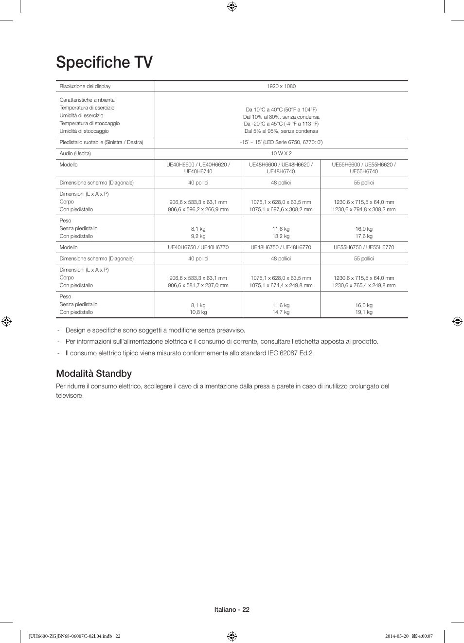 Specifiche tv, Modalità standby | Samsung UE40H6740SV User Manual | Page 88 / 89