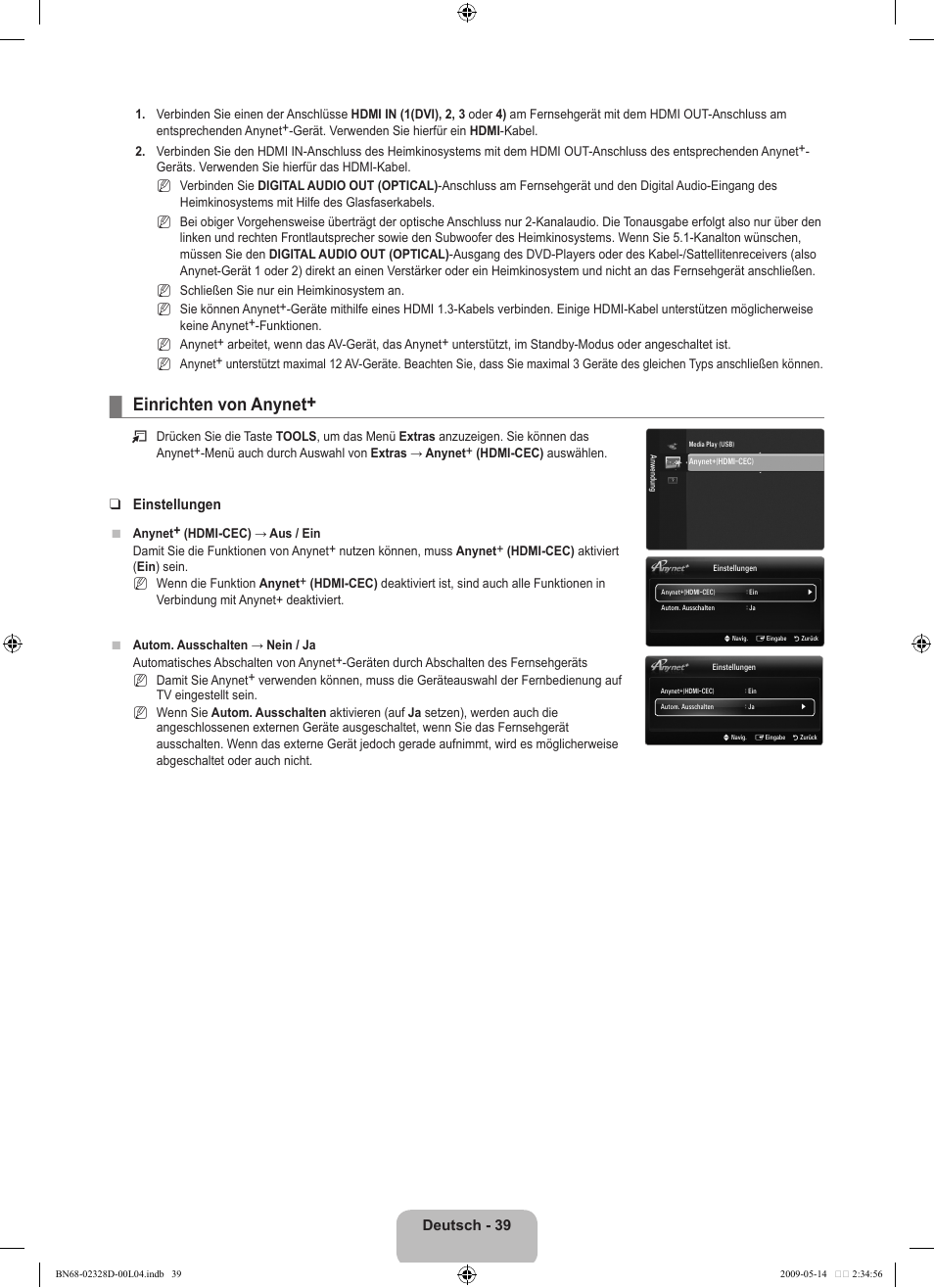 Einrichten von anynet | Samsung UE46B6000VP User Manual | Page 105 / 222