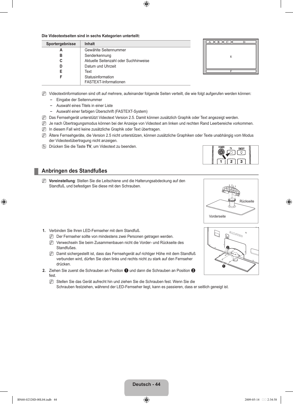 Anbringen des standfußes | Samsung UE46B6000VP User Manual | Page 110 / 222