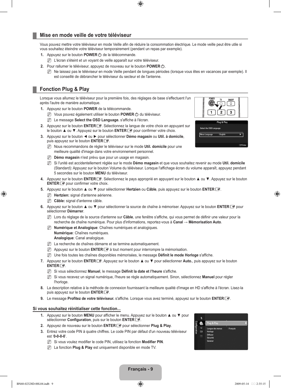 Mise en mode veille de votre téléviseur, Fonction plug & play | Samsung UE46B6000VP User Manual | Page 125 / 222