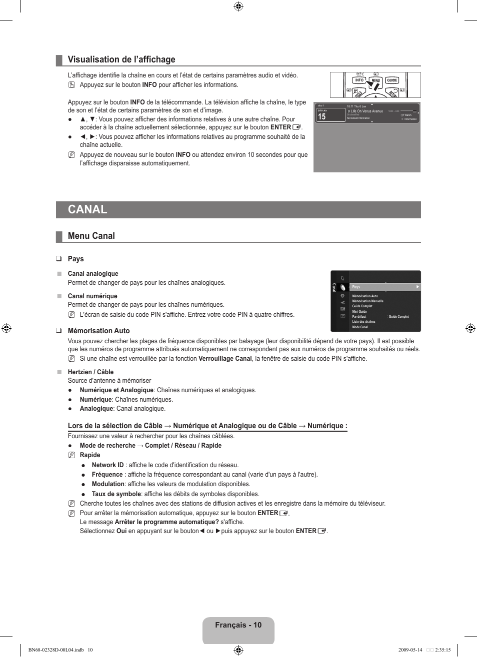 Canal, Visualisation de l’affichage, Menu canal | Samsung UE46B6000VP User Manual | Page 126 / 222