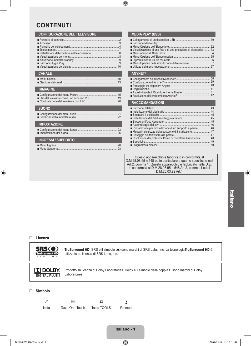 Contenuti, Italiano | Samsung UE46B6000VP User Manual | Page 167 / 222