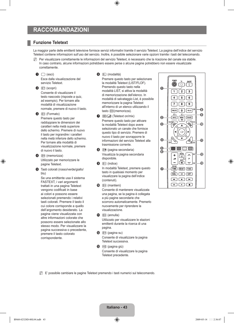 Raccomandazioni, Funzione teletext | Samsung UE46B6000VP User Manual | Page 209 / 222