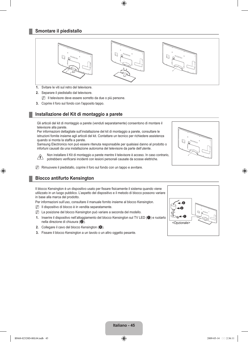 Smontare il piedistallo, Installazione del kit di montaggio a parete, Blocco antifurto kensington | Samsung UE46B6000VP User Manual | Page 211 / 222