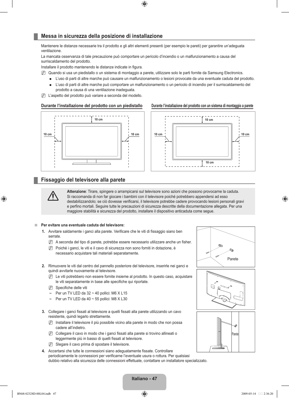 Fissaggio del televisore alla parete | Samsung UE46B6000VP User Manual | Page 213 / 222