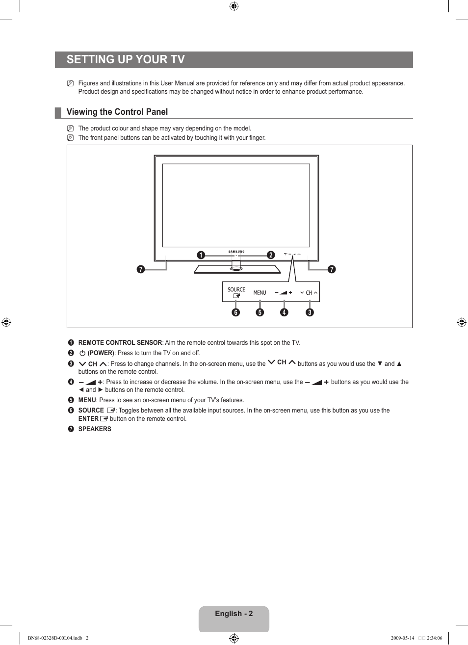Seting up your tv, Viewing the control panel, Setting up your tv | Samsung UE46B6000VP User Manual | Page 4 / 222