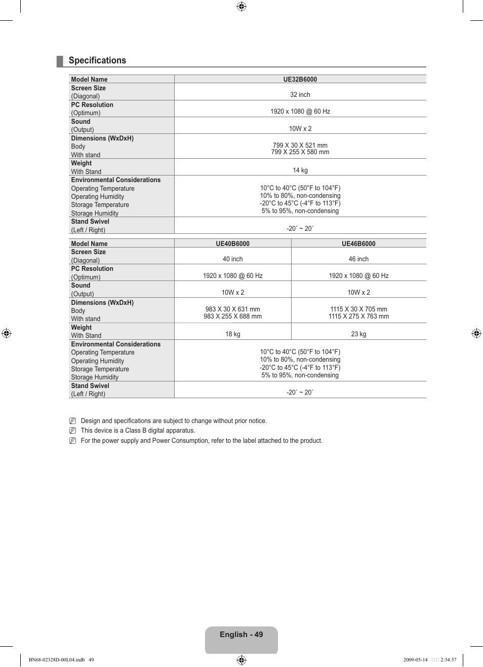 Specifications | Samsung UE46B6000VP User Manual | Page 51 / 222