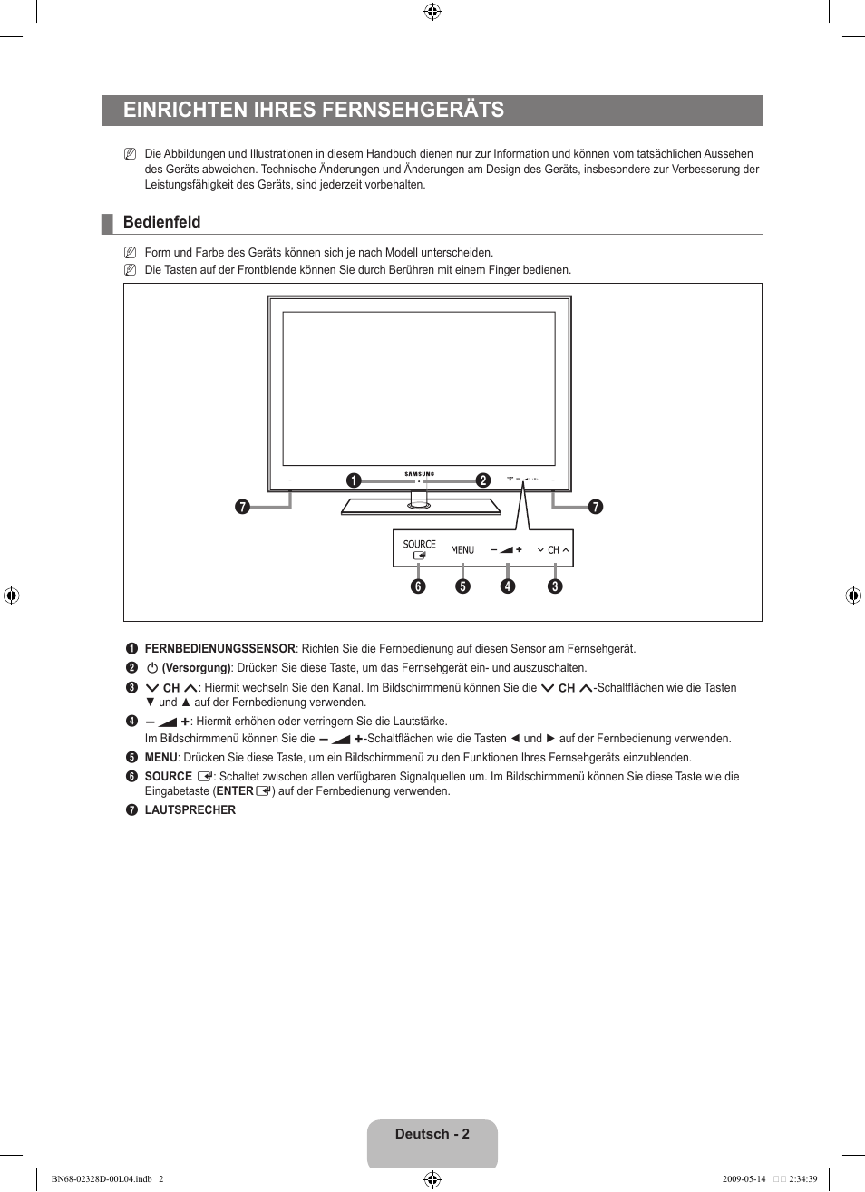 Einrichten ihres fernsehgeräts, Bedienfeld | Samsung UE46B6000VP User Manual | Page 68 / 222