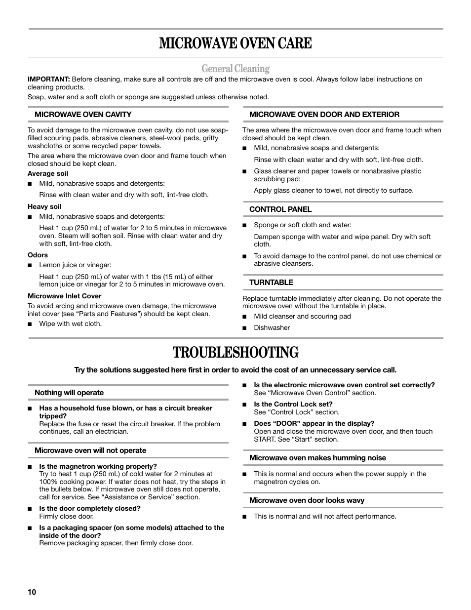 Microwave oven care, Troubleshooting, General cleaning | Amana AMC1070 User Manual | Page 10 / 12