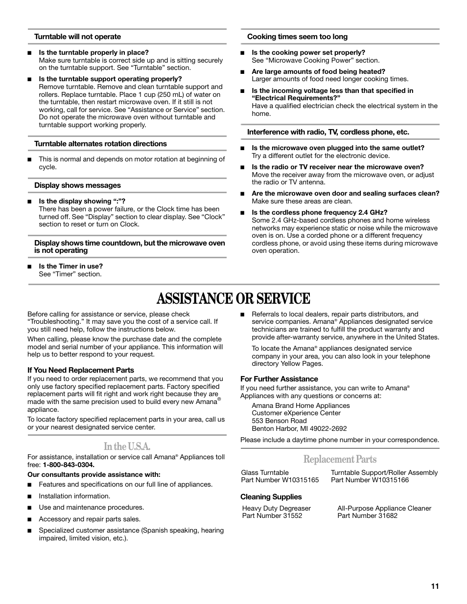 Assistance or service, Replacement parts | Amana AMC1070 User Manual | Page 11 / 12