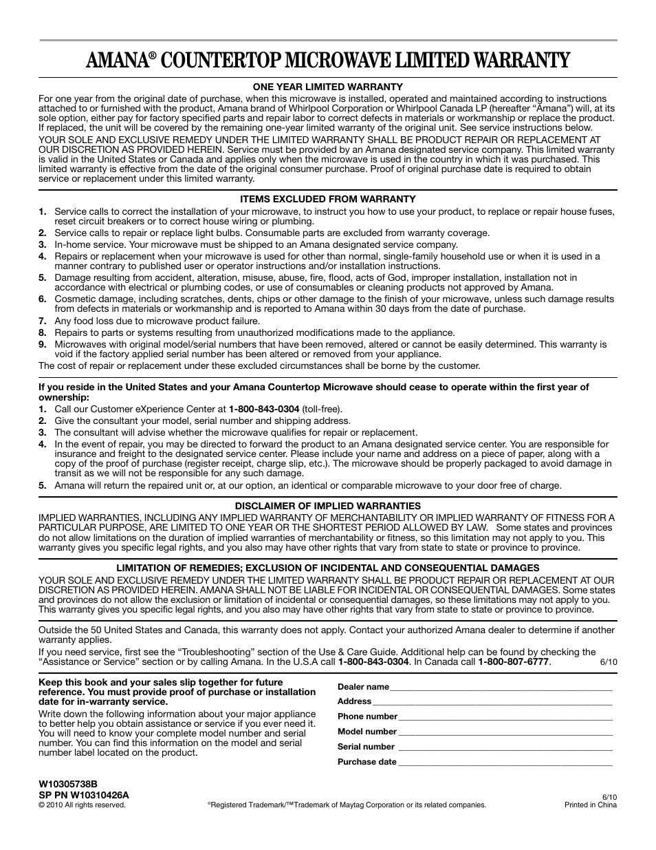 Amana, Countertop microwave limited warranty | Amana AMC1070 User Manual | Page 12 / 12