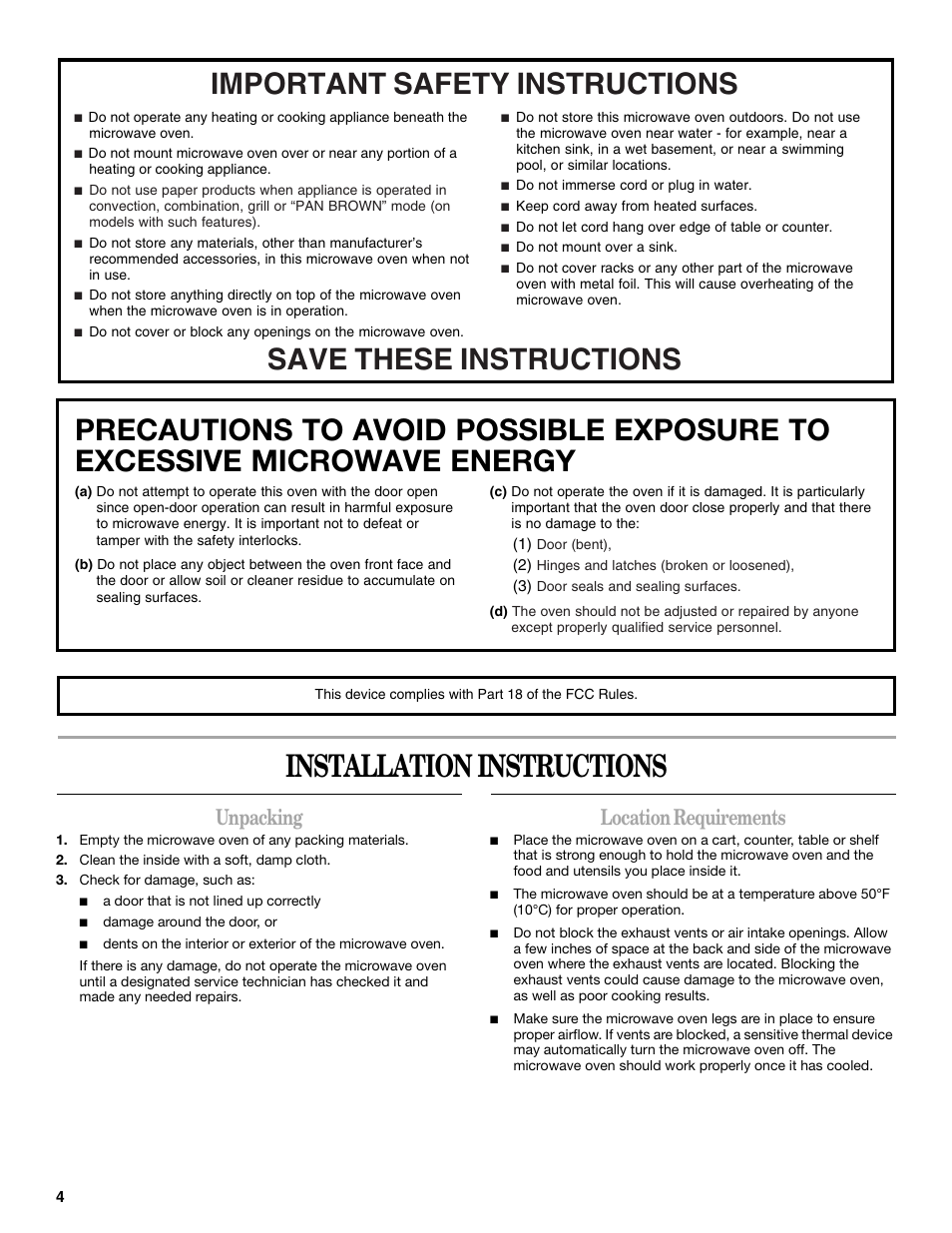 Installation instructions, Unpacking, Location requirements | Amana AMC1070 User Manual | Page 4 / 12