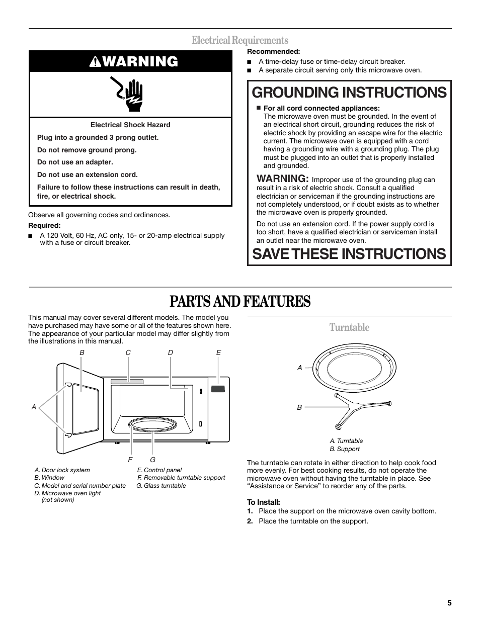 Parts and features, Grounding instructions save these instructions, Warning | Electrical requirements, Turntable | Amana AMC1070 User Manual | Page 5 / 12