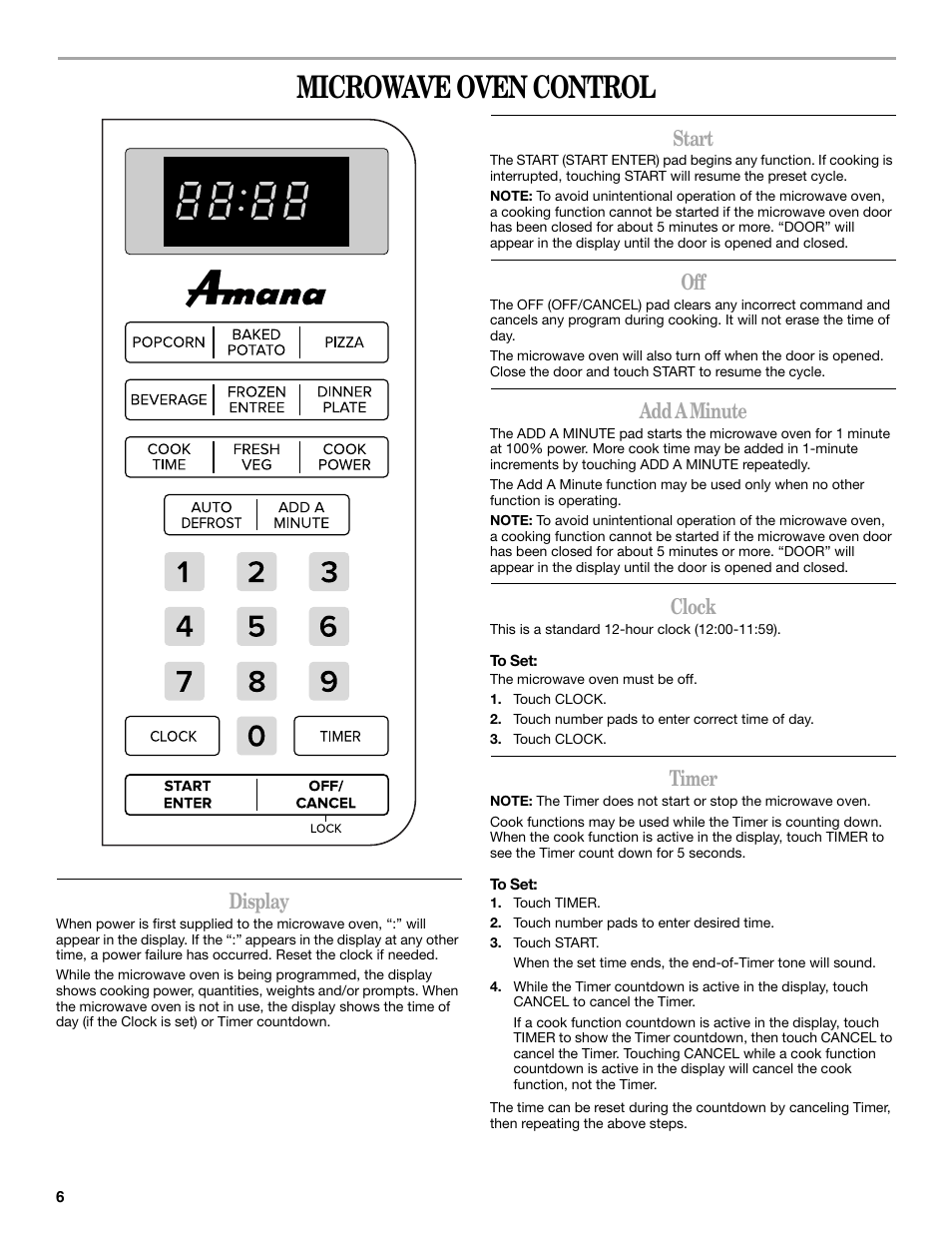 Microwave oven control, Display, Start | Add a minute, Clock, Timer | Amana AMC1070 User Manual | Page 6 / 12