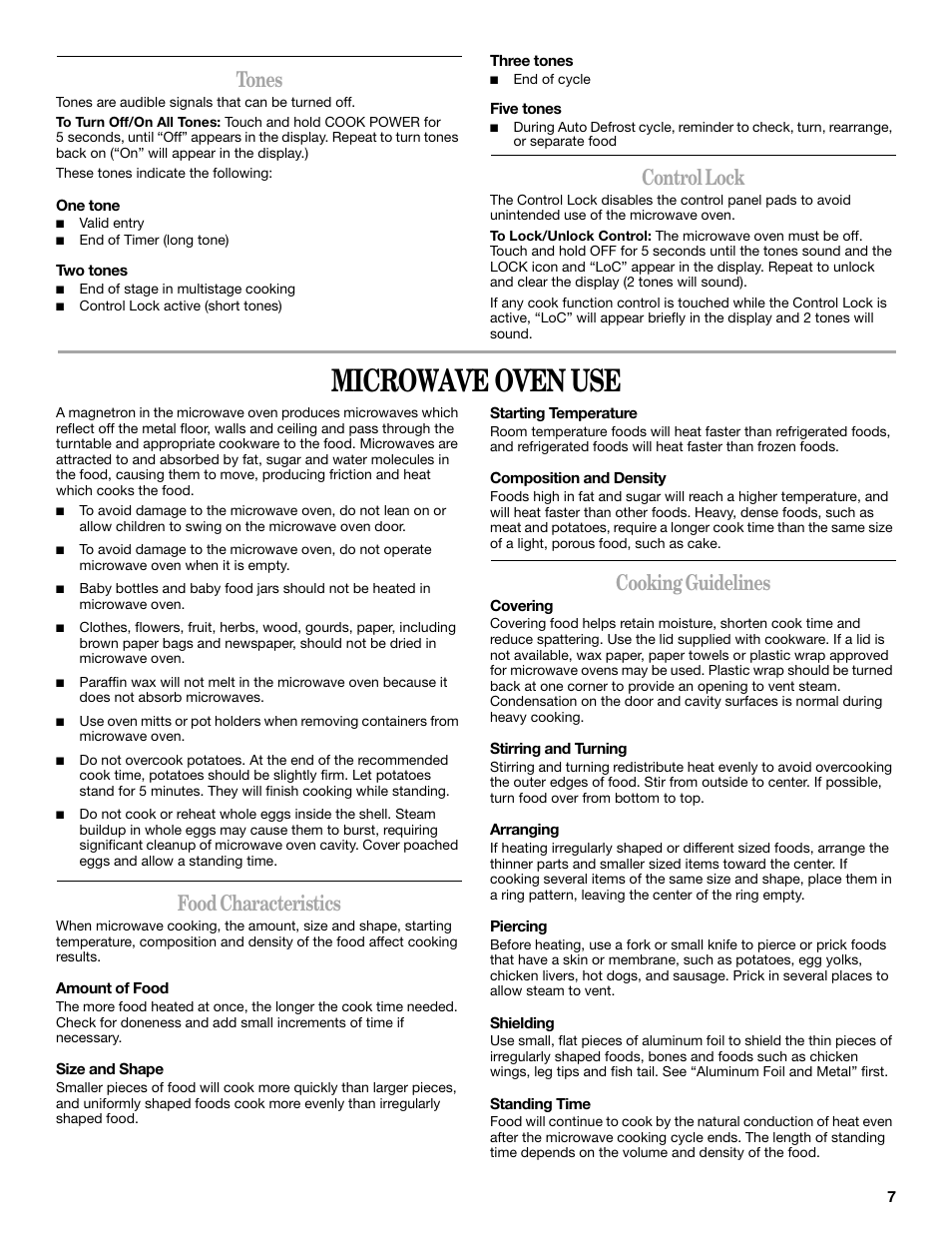 Microwave oven use, Tones, Control lock | Food characteristics, Cooking guidelines | Amana AMC1070 User Manual | Page 7 / 12