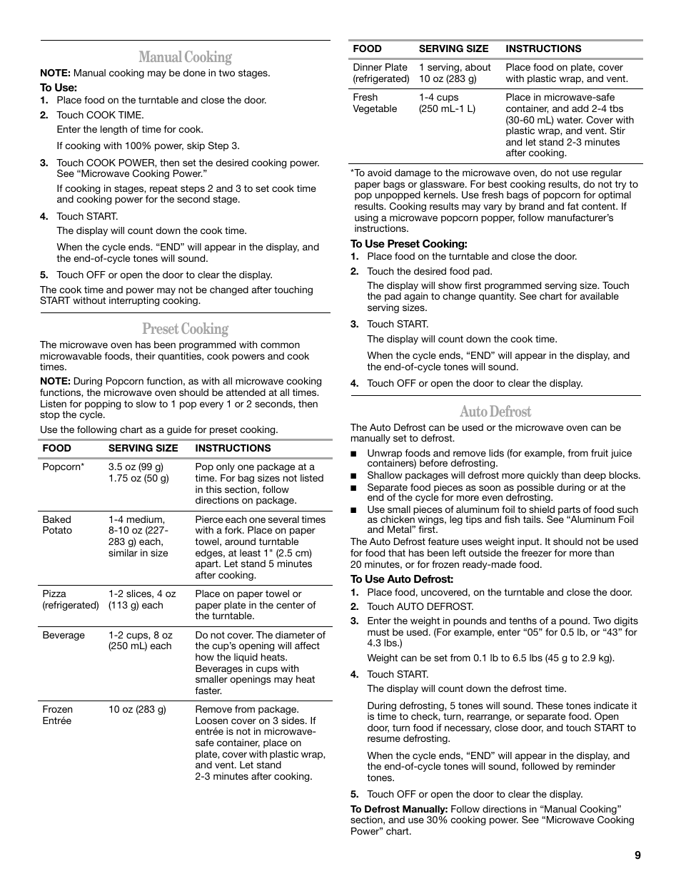 Manual cooking, Preset cooking, Auto defrost | Amana AMC1070 User Manual | Page 9 / 12