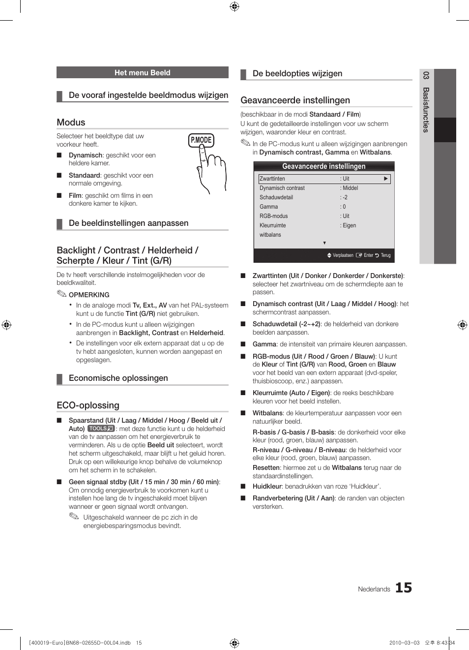 Modus, Eco-oplossing, Geavanceerde instellingen | Samsung UE32C4000PW User Manual | Page 141 / 169