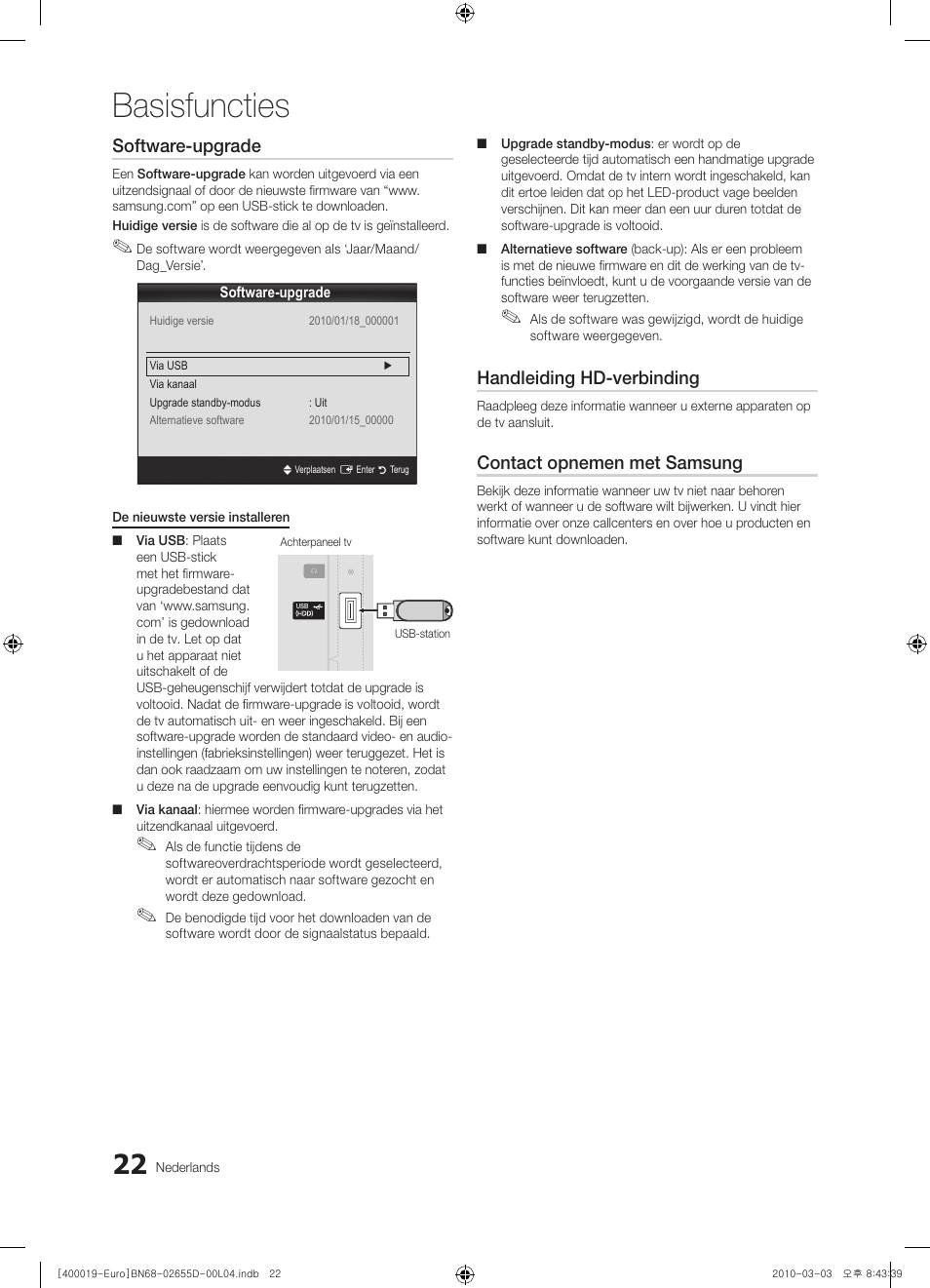 Basisfuncties, Software-upgrade, Handleiding hd-verbinding | Contact opnemen met samsung | Samsung UE32C4000PW User Manual | Page 148 / 169